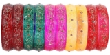 NMII Glass with Glitter and Feather Design Glossy Finished Multicolor Kada Set For Girls and Women- (A21-MR2-2.4), Pack of 10 Multicolor Kada