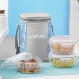 Larah Glassware Vogue Borosilicate Glass Lunchbox with Bag | 3pc Square Container Set (320 ml Each) | Microwave & Dishwasher Safe, Leakproof | Tiffin for Office, School, College | Blue
